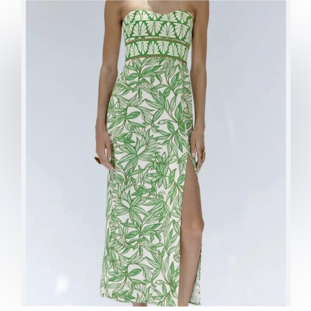 Zara Green Leaf-Print Strapless Maxi Dress